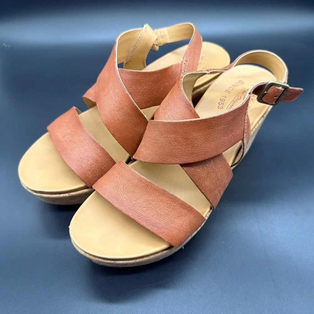 Kork-Ease Tan Brown Leather Crisscross Cork Wedge Sandals K61306 Womens 8M